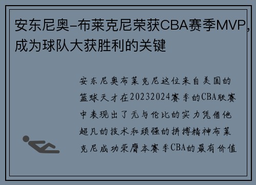 安东尼奥-布莱克尼荣获CBA赛季MVP，成为球队大获胜利的关键