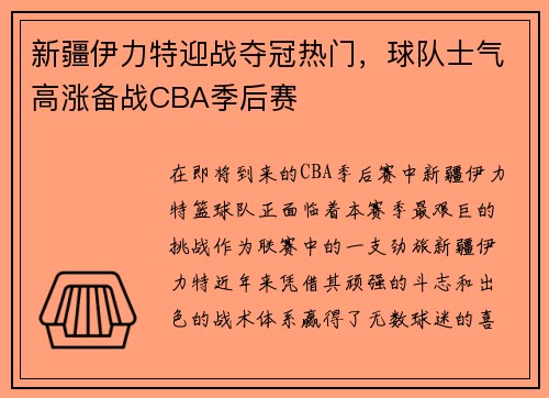 新疆伊力特迎战夺冠热门，球队士气高涨备战CBA季后赛